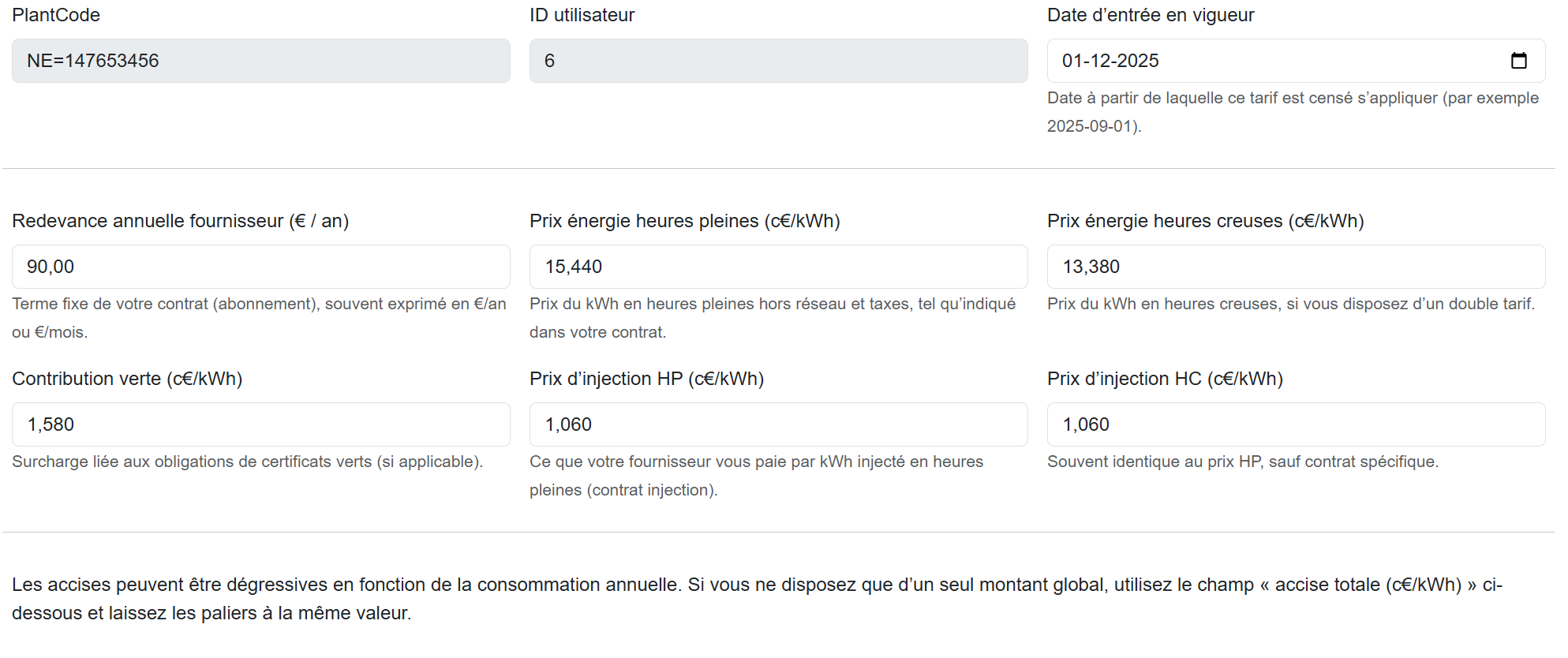 Capture d'écran du formulaire de configuration des tarifs électricité et gaz dans Fluxi